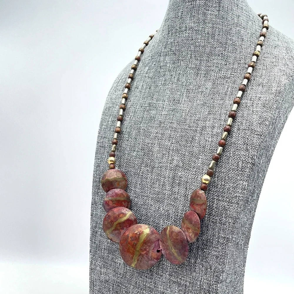 VTG‎ Earthy Jasper Stone Slab Necklace Brown Wood Tube Spacer Bead Chunky Tribal
